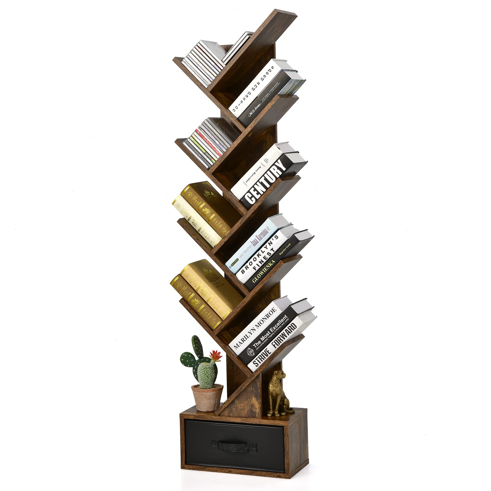 Giantex Tree Bookshelf With Drawer, 10 Shelf Space Saving White Wooden Bookcase, Freestanding Retro Wood Storage Rack, Decorative Bookshelf With Storage